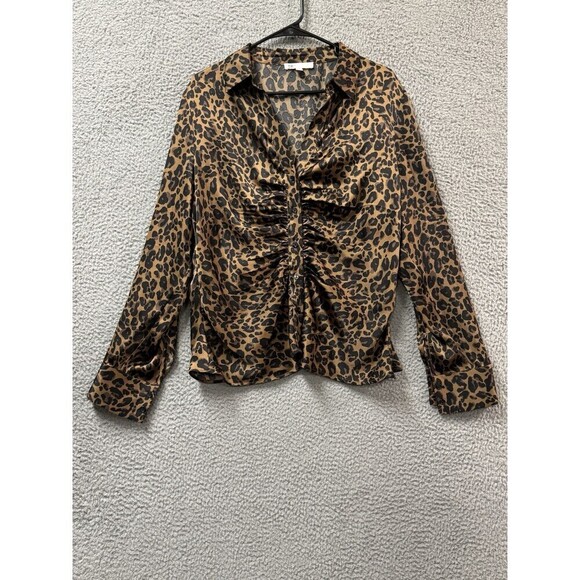DR2 Blouse Womens XL Brown Black Button Up Long Sleeve Animal Print Satin - Picture 1 of 10